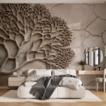Papier peint – Rosace minérale beige en relief