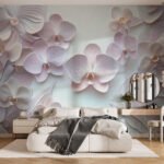 Papier peint – Orchidées mauves et crème en relief