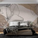 Papier peint – Fleur au trait noir et formes beiges
