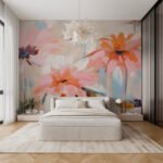 Papier peint – Fleurs orange et roses en aquarelle