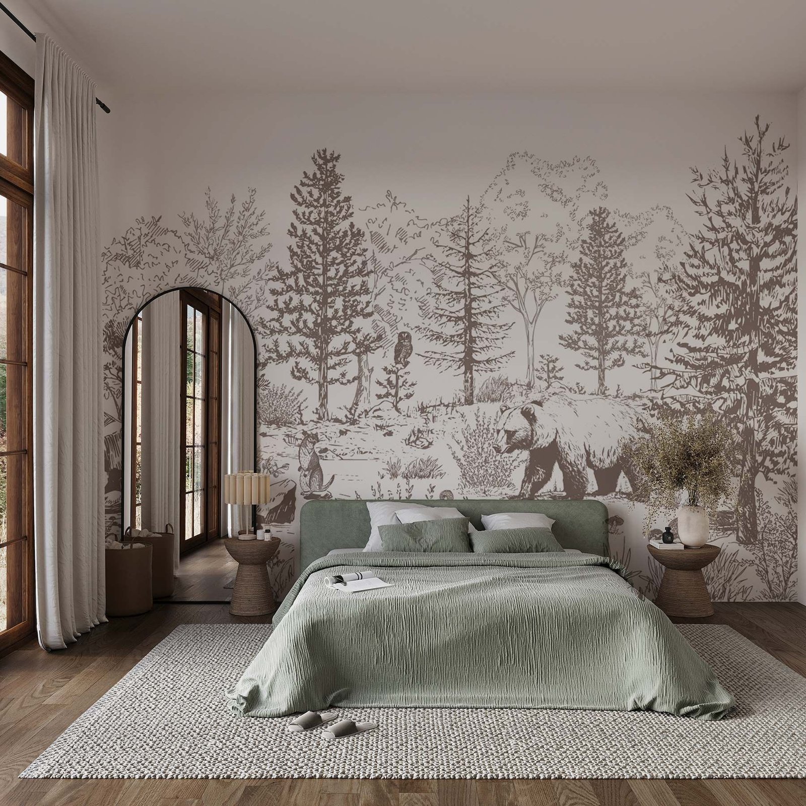 w02929pib7ms.jpg Papier peint – Forêt dessinée sur fond taupe – Image 1