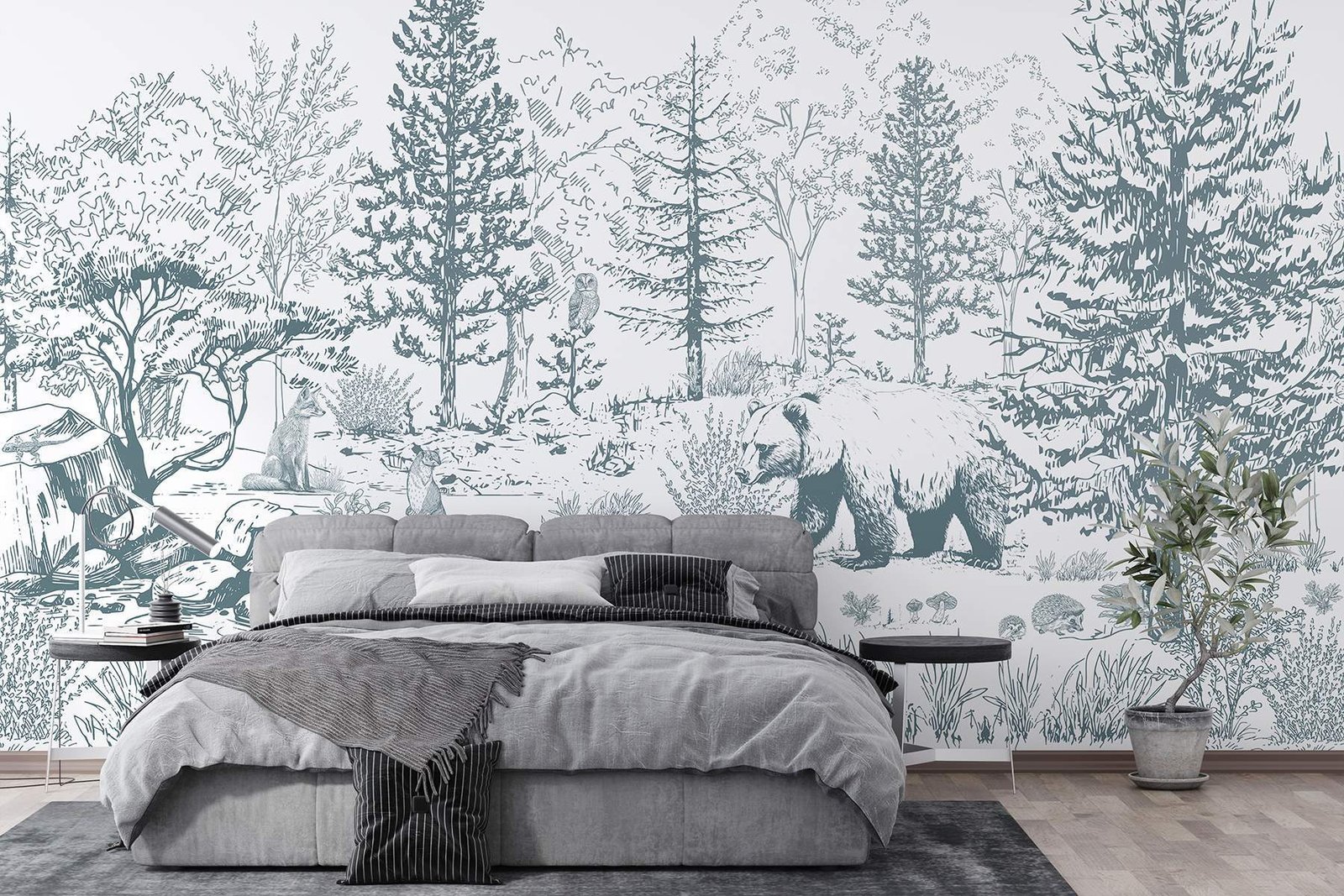 w02929v1pib87mr.jpg Papier peint – Forêt dessinée en bleu grisé – Image 1
