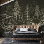 Papier peint – Forêt dessinée sur fond vert sombre