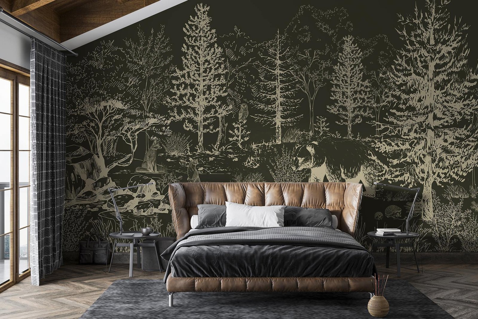 w02929v3pib19mr.jpg Papier peint – Forêt dessinée sur fond vert sombre – Image 1