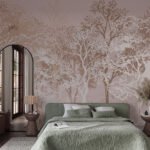 Papier peint – Arbres blancs au trait sur fond rose taupe