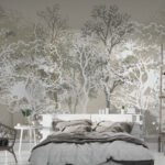 Papier peint – Arbres blancs au trait sur fond gris