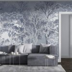 Papier peint – Arbres blancs au trait sur fond bleu nuit
