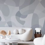 Papier peint – Formes organiques bleu grisé et blanc