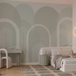 Papier peint – Arches blanches sur fond vert pastel