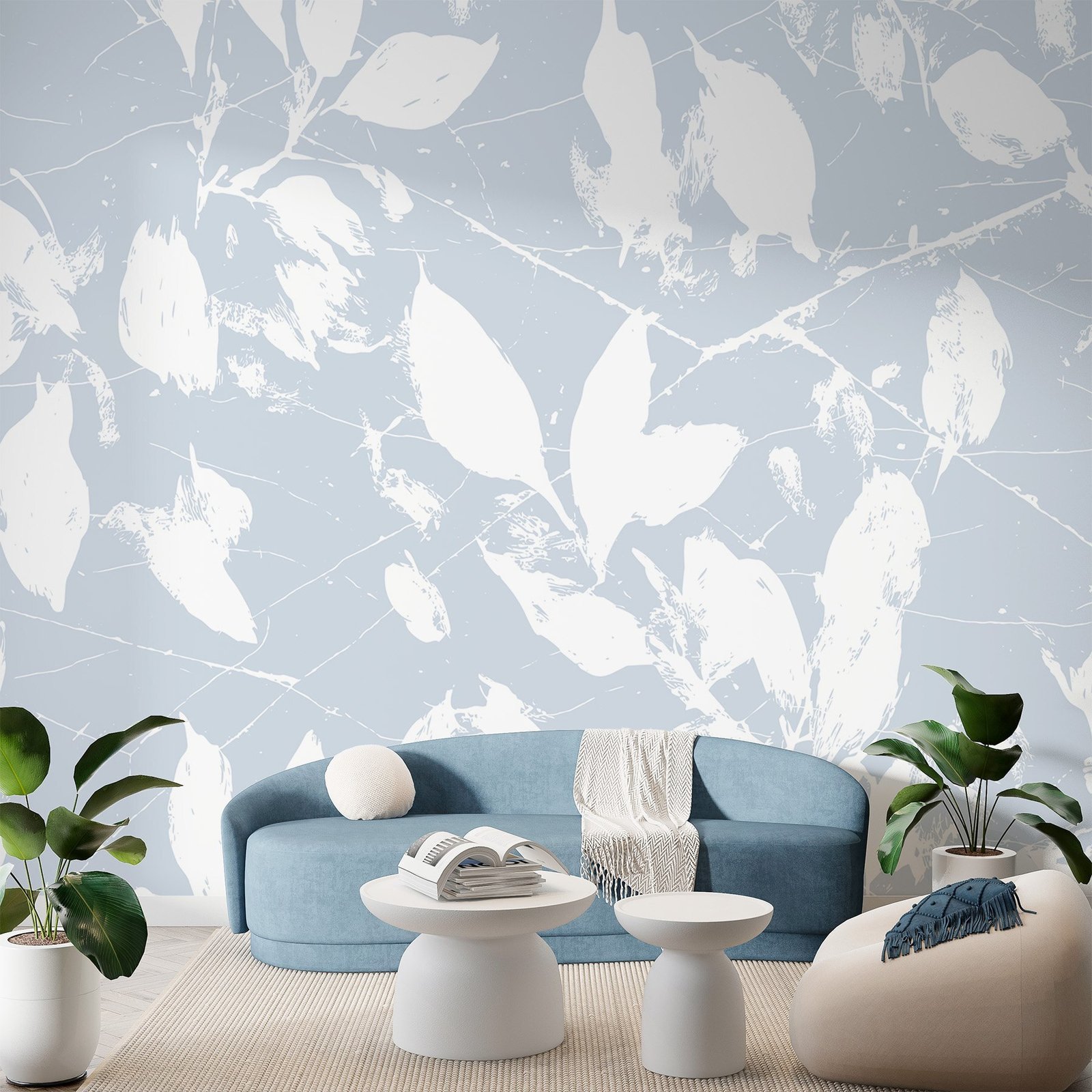 w02936v1pig56ms.jpg Papier peint – Feuilles blanches sur fond bleu pastel – Image 1