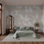 Papier peint – Feuilles blanches sur fond beige