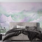 Papier peint – Montagnes aquarellées vertes et mauves
