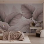 Papier peint – Grandes feuilles mauves au trait fin