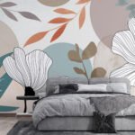 Papier peint – Fleurs au trait et aplats turquoise et rose