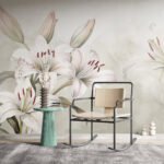 Papier peint – Lys blancs aux étamines roses