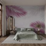 Papier peint – Palmes roses sur fond gris