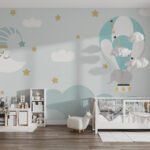 Papier peint – Montgolfières vert pastel et nuages
