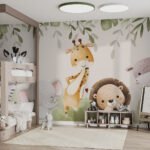 Papier peint – Girafe, lion et éléphant pastel