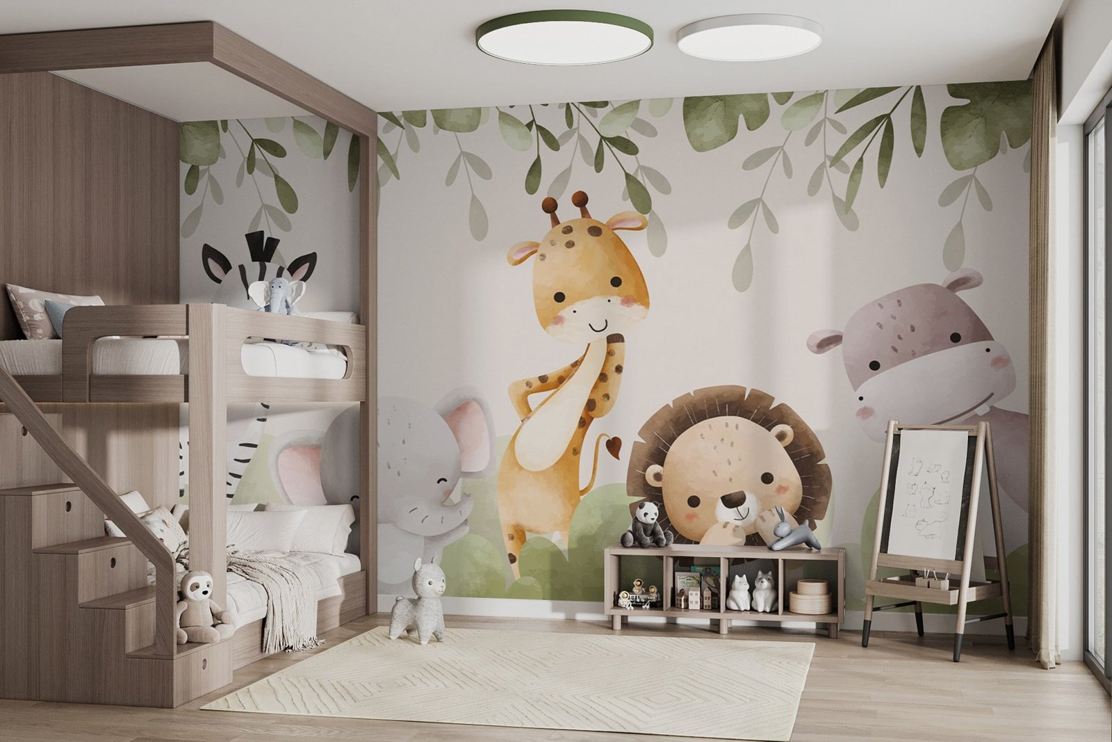 w02964pir13mr.jpg Papier peint – Girafe, lion et éléphant pastel – Image 1