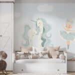 Papier peint – Licorne vert pastel et château