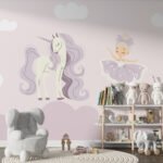Papier peint – Licorne pastel et château