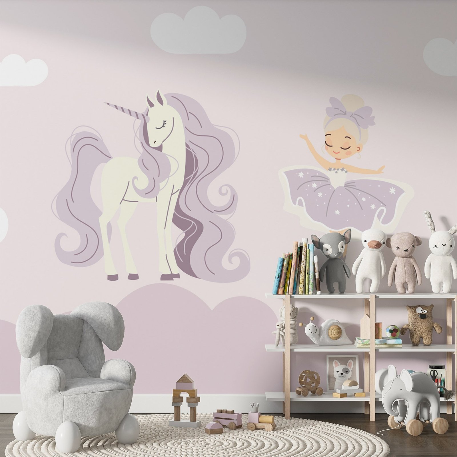 w02965v1pir12ms.jpg Papier peint – Licorne pastel et château – Image 1