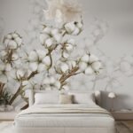 Papier peint – Fleurs de coton sur branches brunes