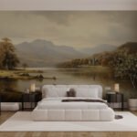 Papier peint – Lac et montagnes dans une lumière dorée
