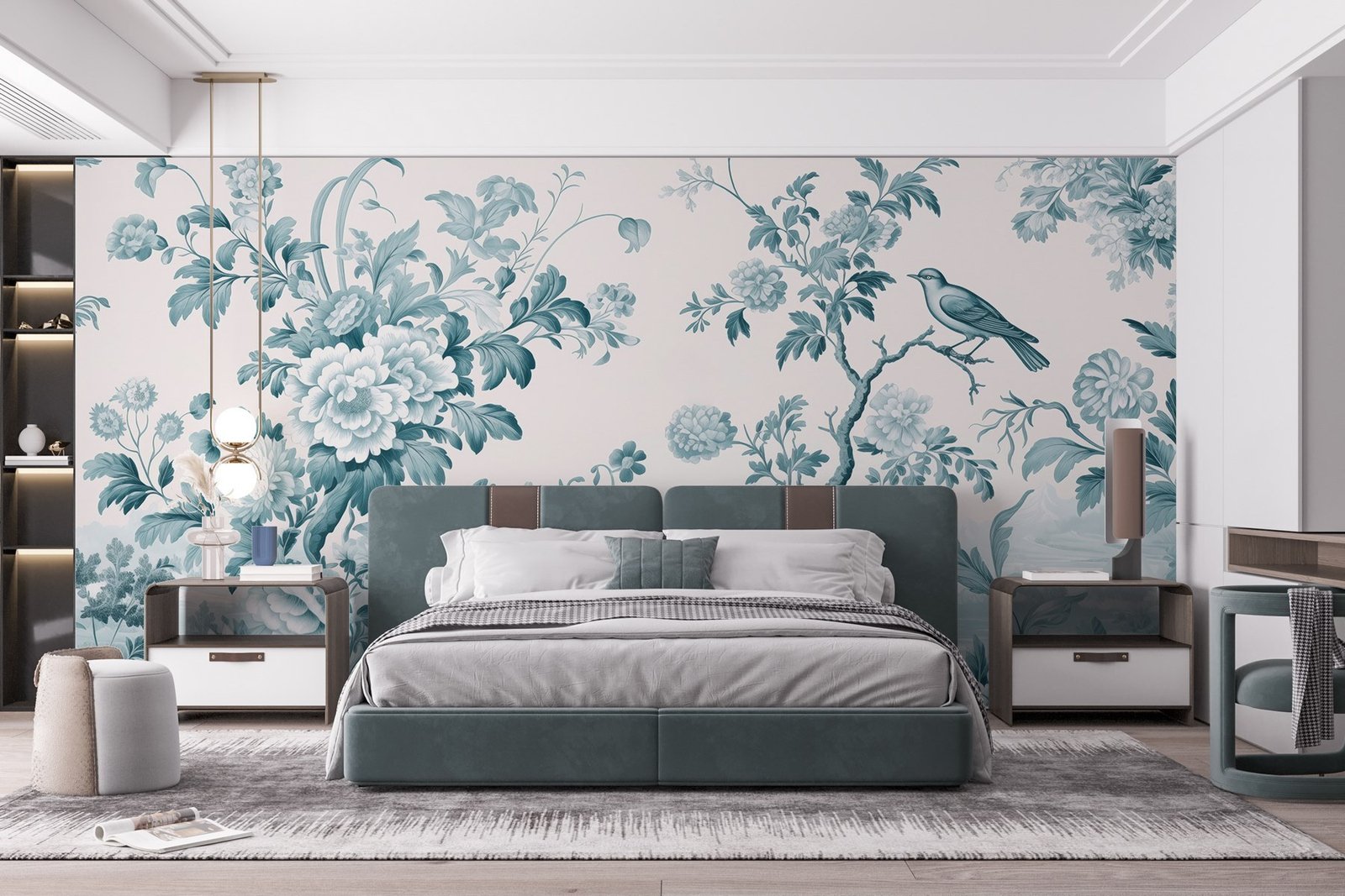 w02977v2pib5mr.jpg Papier peint – Fleurs turquoise style porcelaine – Image 1