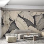 Papier peint – Grandes feuilles crème sur fond gris
