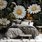 Papier peint – Marguerites blanches sur fond noir