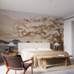 Papier peint – Arbre fleuri beige et blanc