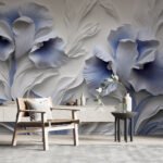 Papier peint – Fleurs bleues effet bas-relief