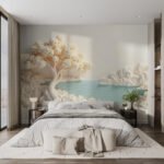 Papier peint – Arbres dorés et paysage turquoise pastel – Image 2
