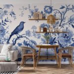 Papier peint – Oiseaux bleus et feuillage style porcelaine