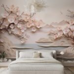 Papier peint – Branches fleuries roses et paysage beige