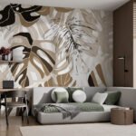 Papier peint – Feuillage tropical beige, noir et blanc
