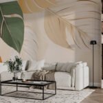Papier peint – Grandes feuilles vertes et beiges