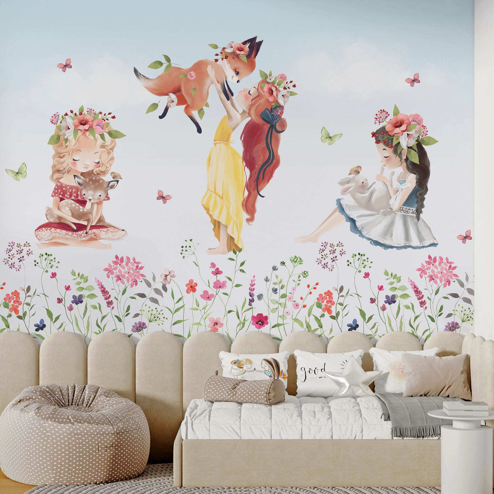 w03002pir1ms.jpg Papier peint – Girafe fleurie et papillons – Image 1