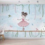 Papier peint – Petite danseuse et décor fleuri bleu