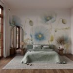 Papier peint – Fleurs bleues et jaunes au trait fin
