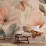 Papier peint – Fleurs pêche et feuillage gris vert