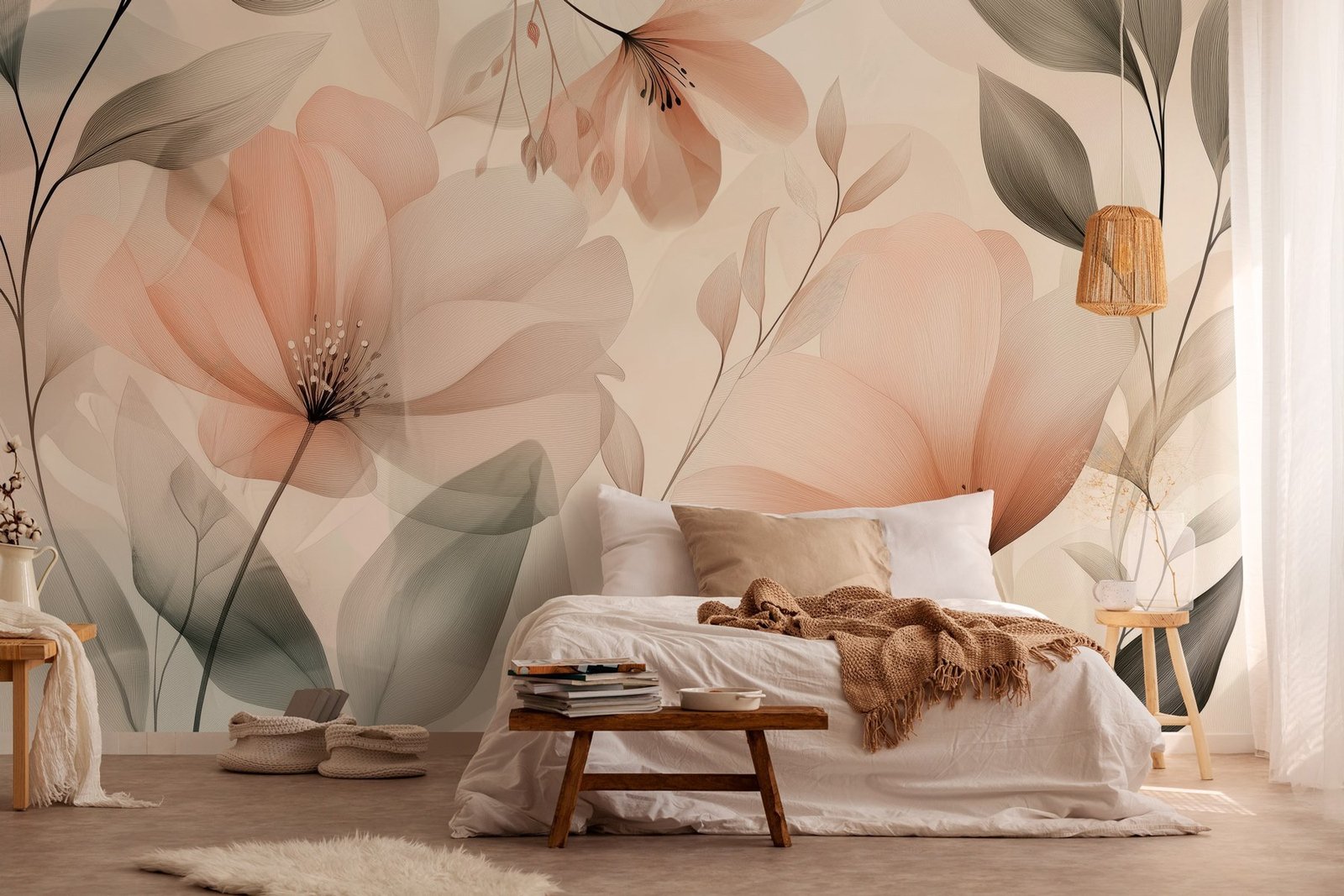 w03010pib16r.jpg Papier peint – Fleurs pêche et feuillage gris vert – Image 1