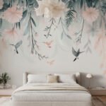 Papier peint – Fleurs et feuillages pastel suspendus