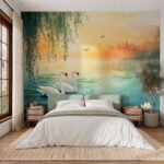Papier peint – Lac au coucher du soleil et cygnes
