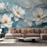 Papier peint – Fleurs blanches sur fond bleu texturé