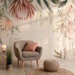 Papier peint – Proteas roses et feuillage en cascade