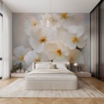 Papier peint – Fleurs blanches et touches jaune doré