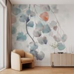 Papier peint – Feuilles rondes bleu, gris et rose
