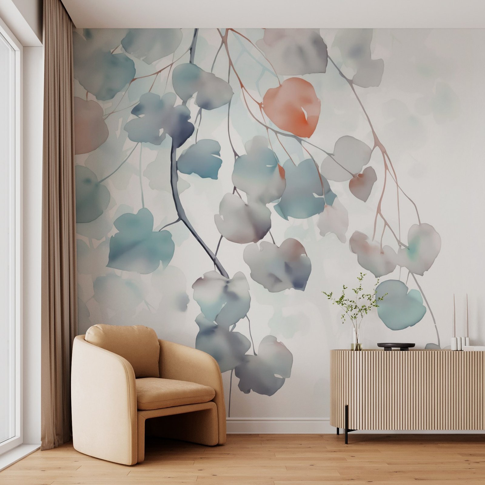 w03030pig17ms.jpg Papier peint – Feuilles rondes bleu, gris et rose – Image 1